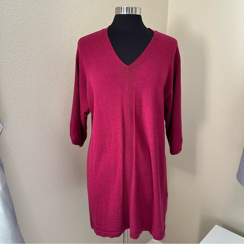 Eileen Fisher V-Neck Merino Wool Tunic Sweater Dress Wine Burgundy